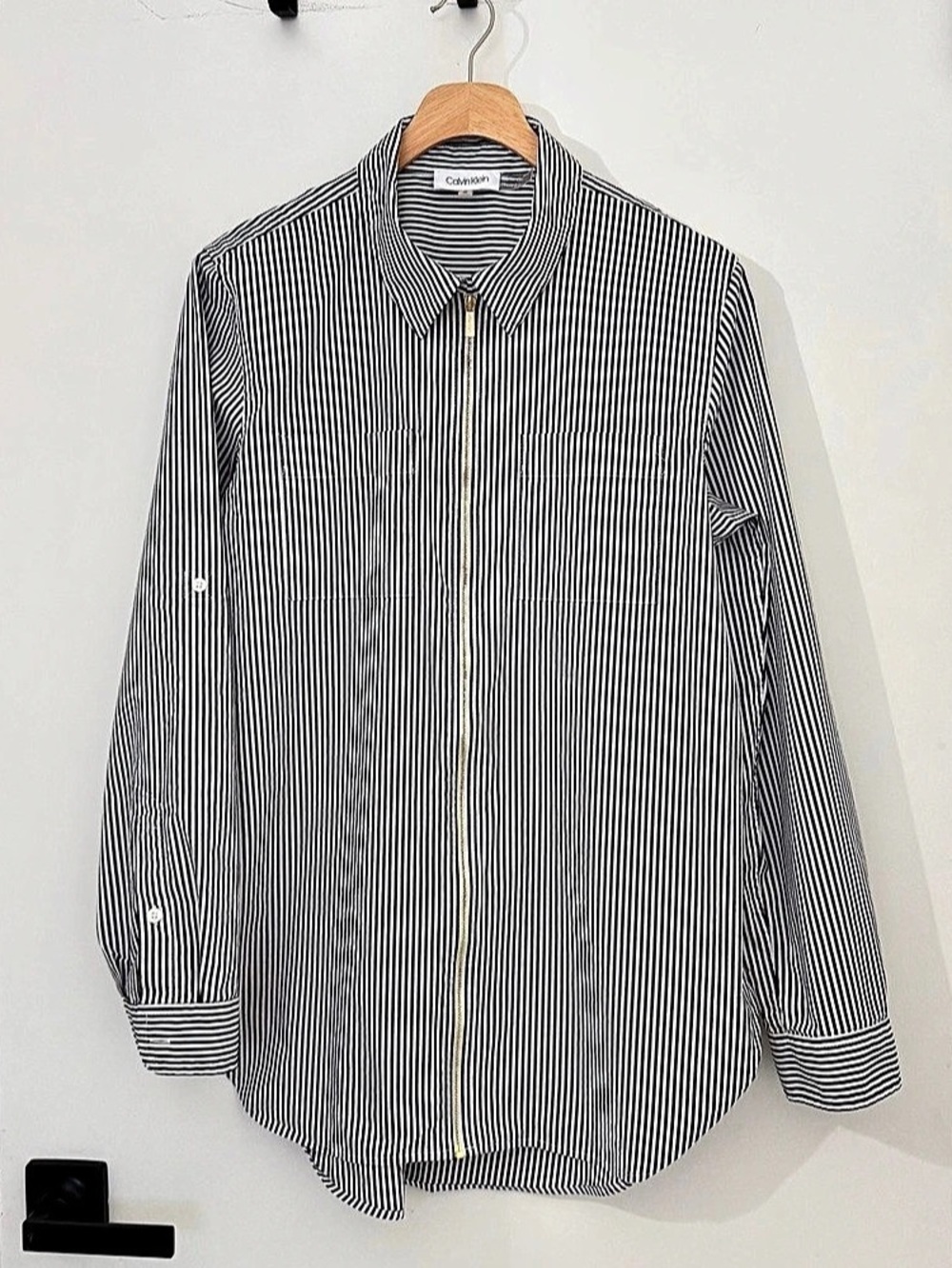 Calvin Klein Medium Black and White Striped Zip-Front Blouse